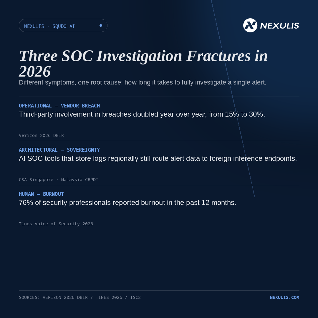 Three SOC investigation fractures in 2026: vendor breach blast-radius scoping, cross-border sovereignty rules, and analyst burnout, all tracing back to per-alert investigation time